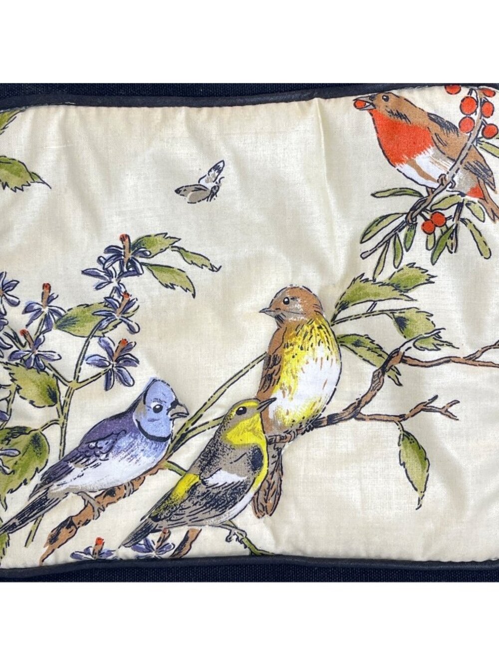 Tote Bag Quilted Fabric Purse Bird Berry Lined Black Round Handle Pocket Handbag - Picture 3 of 12